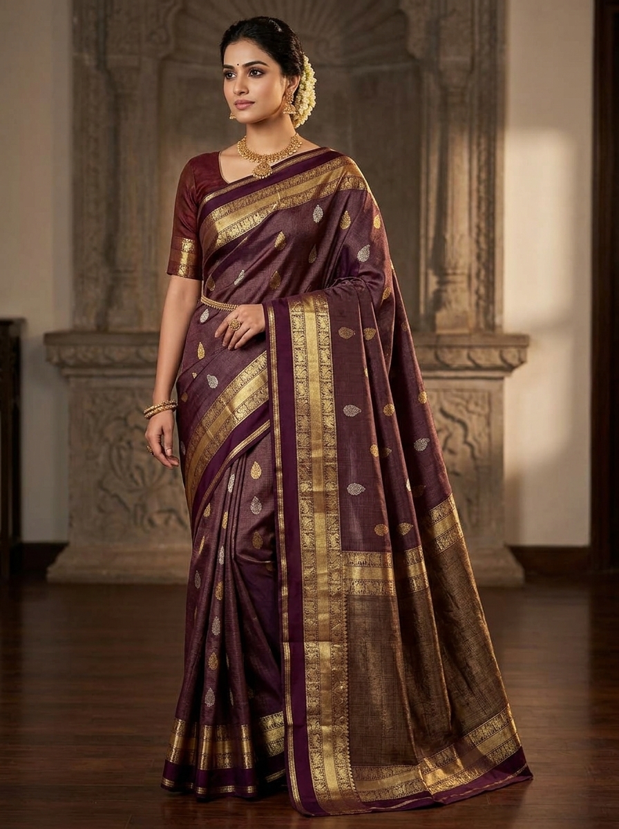 Deep Plum Purple and Gold Zari Kanchipuram Silk Saree